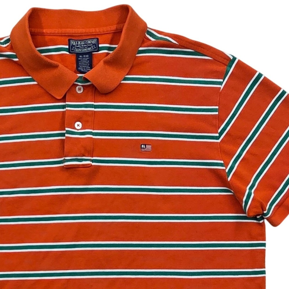 VTG Polo Jeans Co Ralph Lauren‎ Orange Striped Polo Shirt RL Flag Mens XL